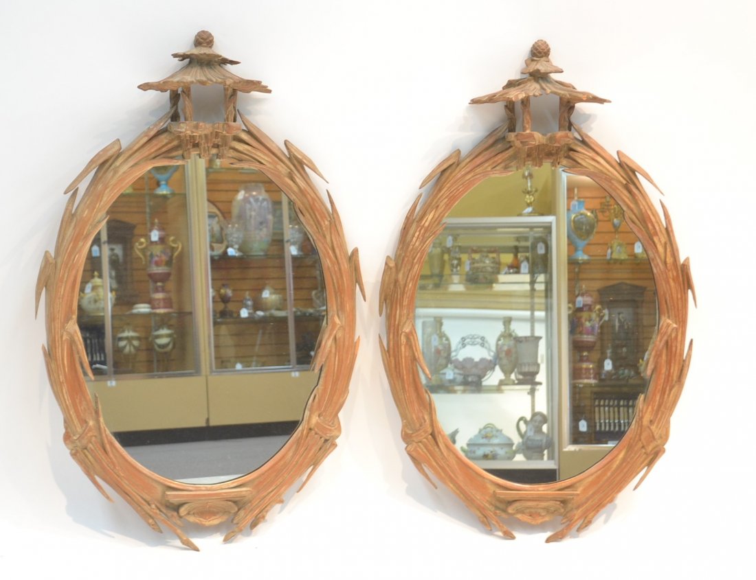 (Pr) HAND CARVED PAGODA MIRRORS - 20" x 38": (Pr) HAND CARVED PAGODA MIRRORS - 20" x 38"