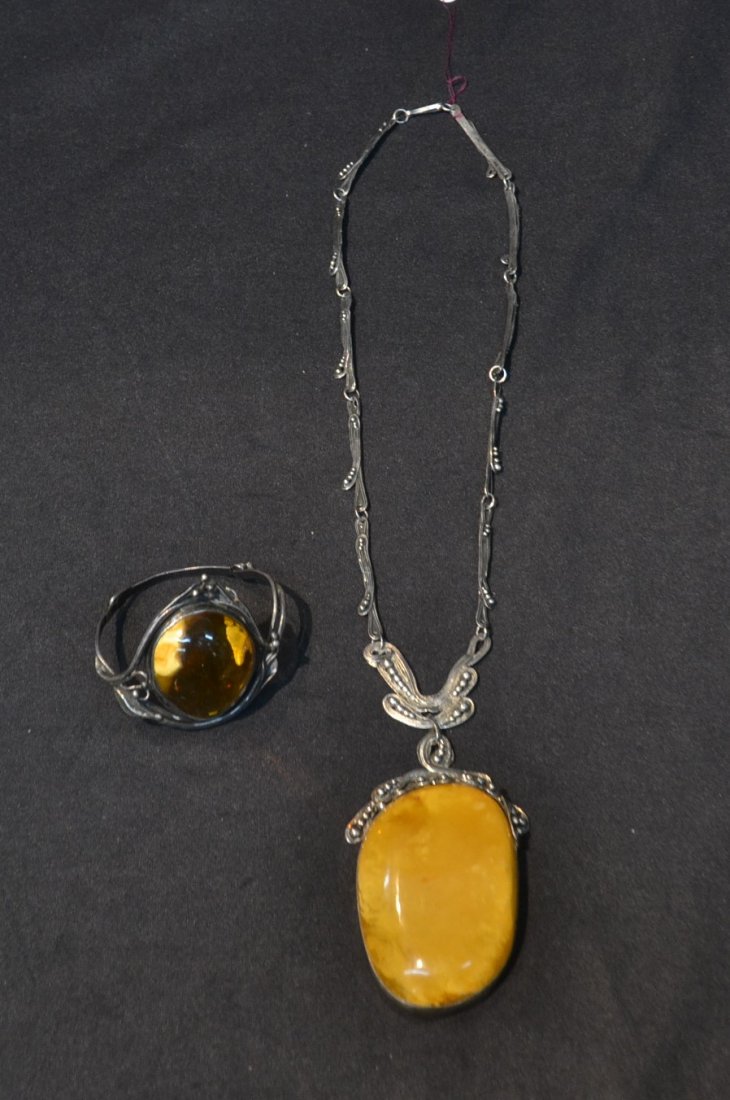 NATIVE AMERICAN STERLING SILVER & AMBER BRACELET: WITH NECKLACE - 20" WITH 3 3/4" PENDANT