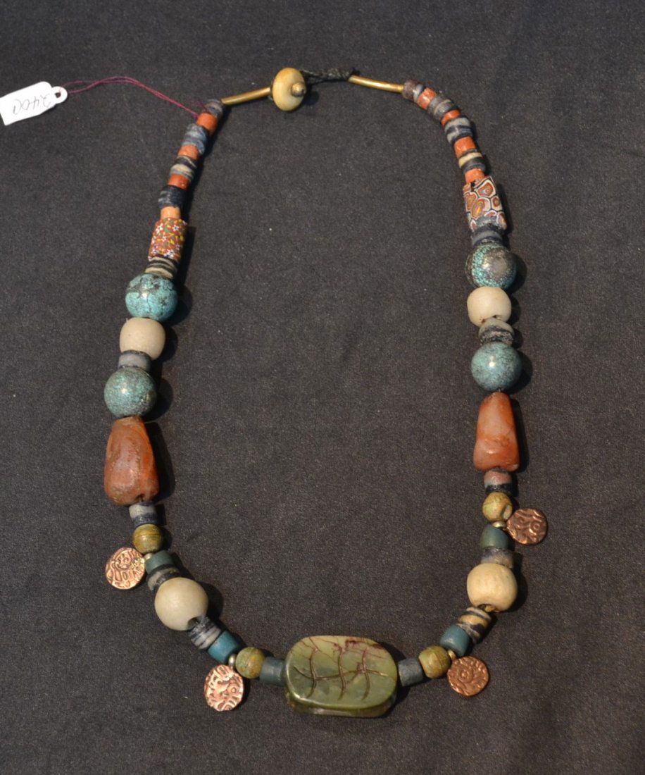 NATIVE AMERICAN STYLE BEADS WITH TURQUOISE, JADE: & LATTICINO - 25" LONG
