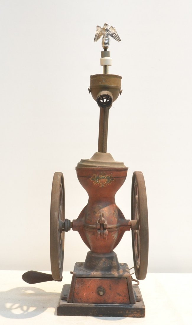 ENTERPRISE PHILADELPHIA COFFEE GRINDER LAMP: 9" x 7" x 19" TO SOCKET (SOME PATINA LOSS)