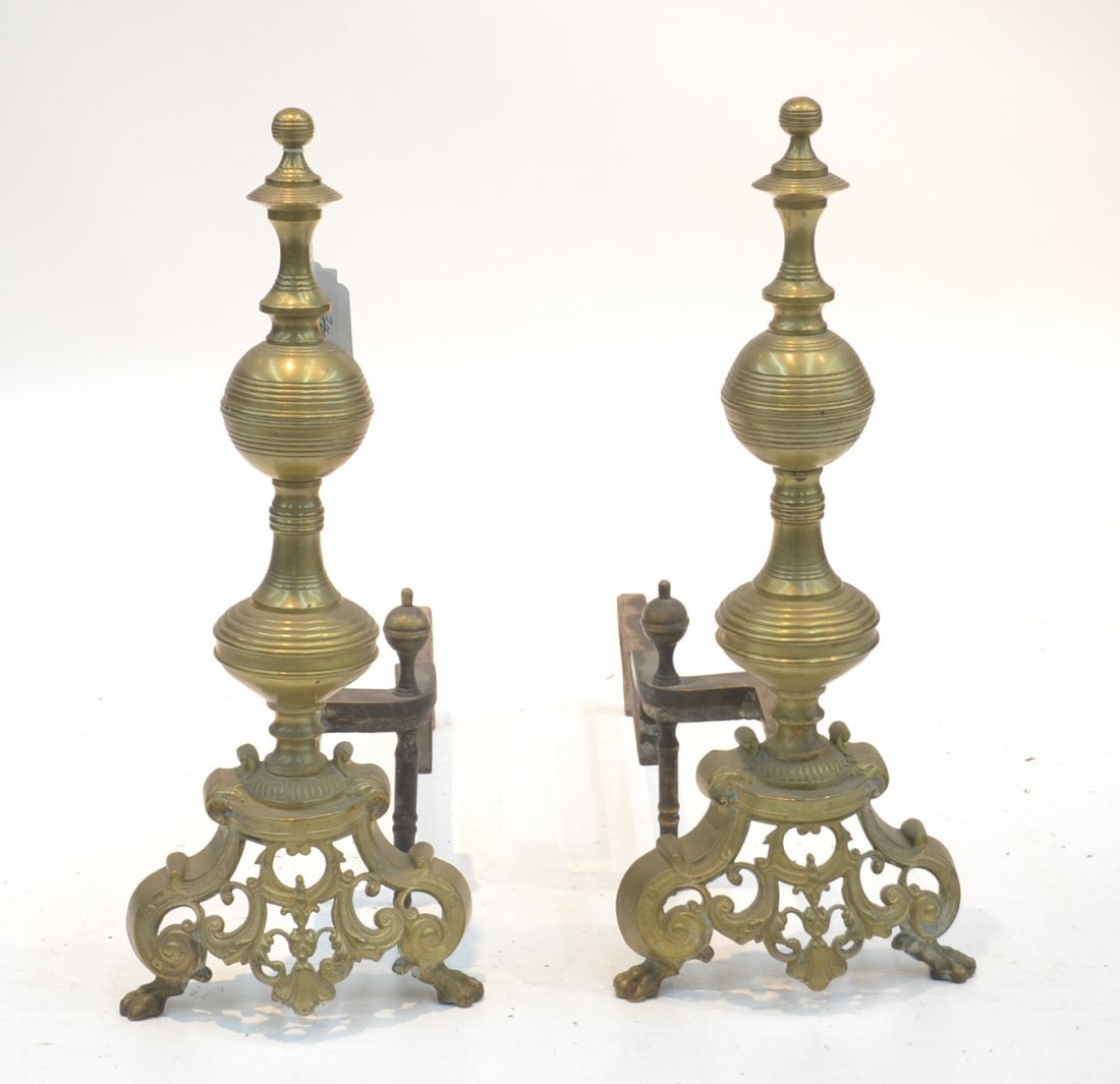 (Pr) CARVED BRONZE ANDIRONS WITH CLAW FEET: 9" x 21"