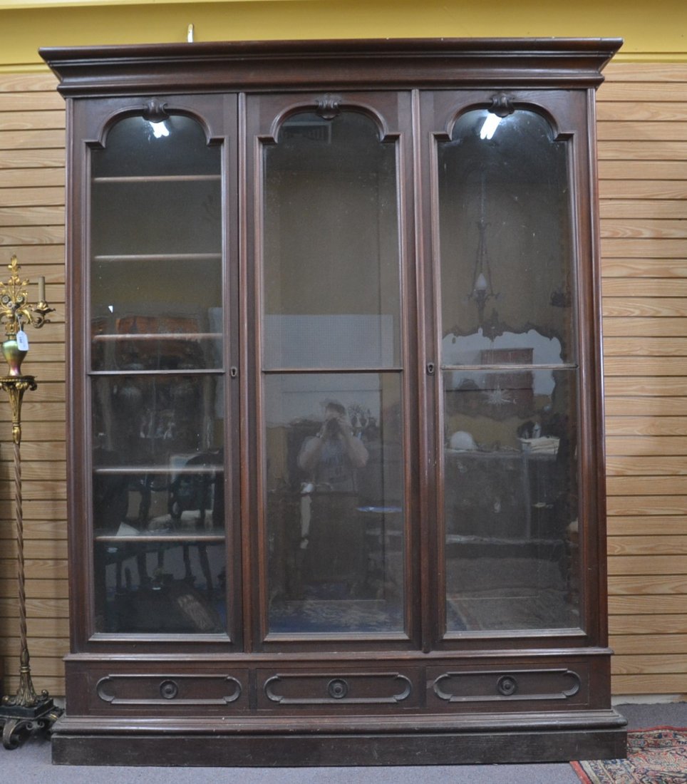 LARGE VICTORIAN WALNUT LINEN PRESS WITH: (3) GLASS DOORS & DRAWERS - 74" x 19" x 92 1/2"