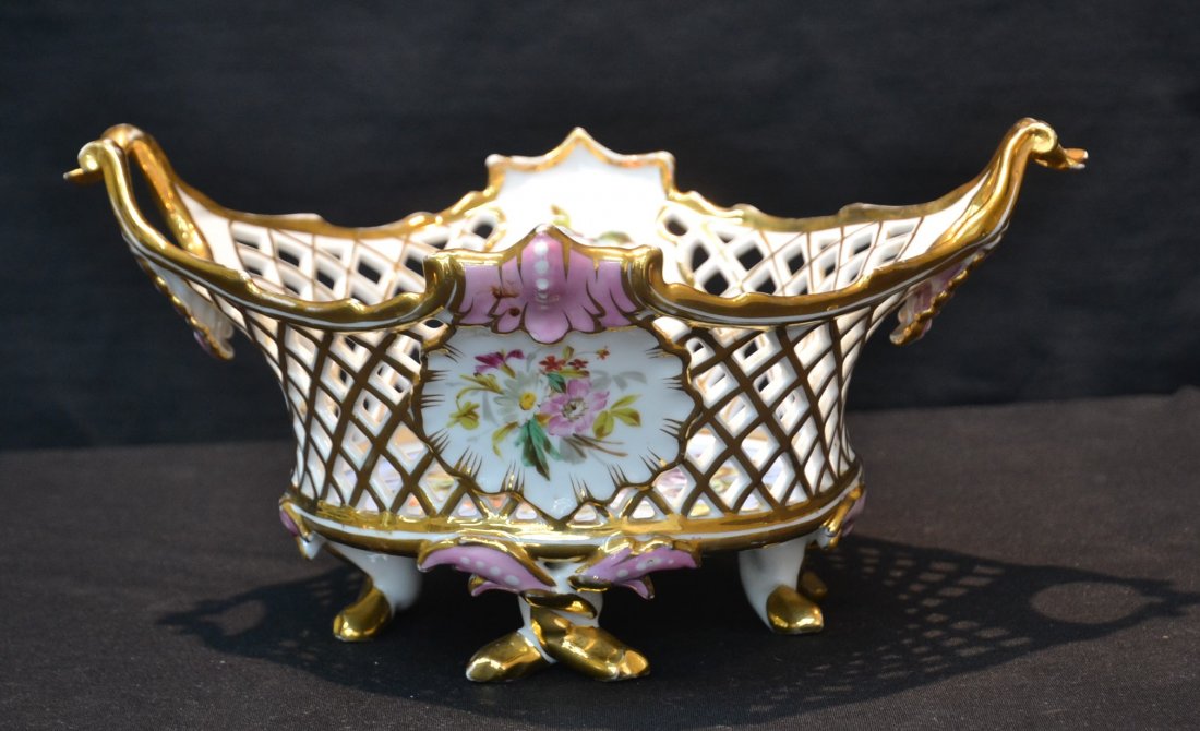 CARL THIEME RETICULATED FOOTED BASKET WITH: HAND PAINTED FRUIT & FLOWERS ; MARKED CT - 13" x 11" x 7"