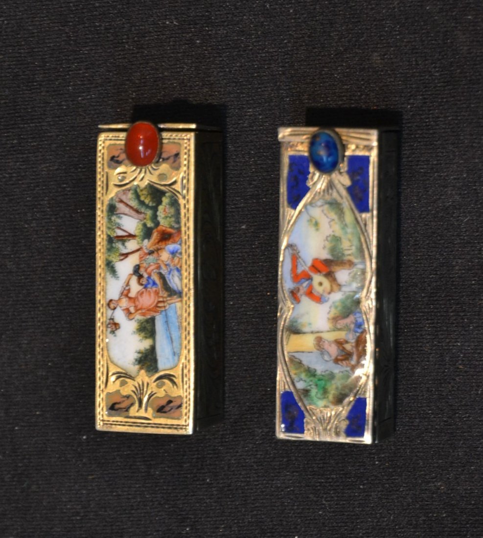 (2) ENAMELED OVER SILVER LIPSTICK CASES WITH: COURTING SCENES - 2 1/4' x 1/2"