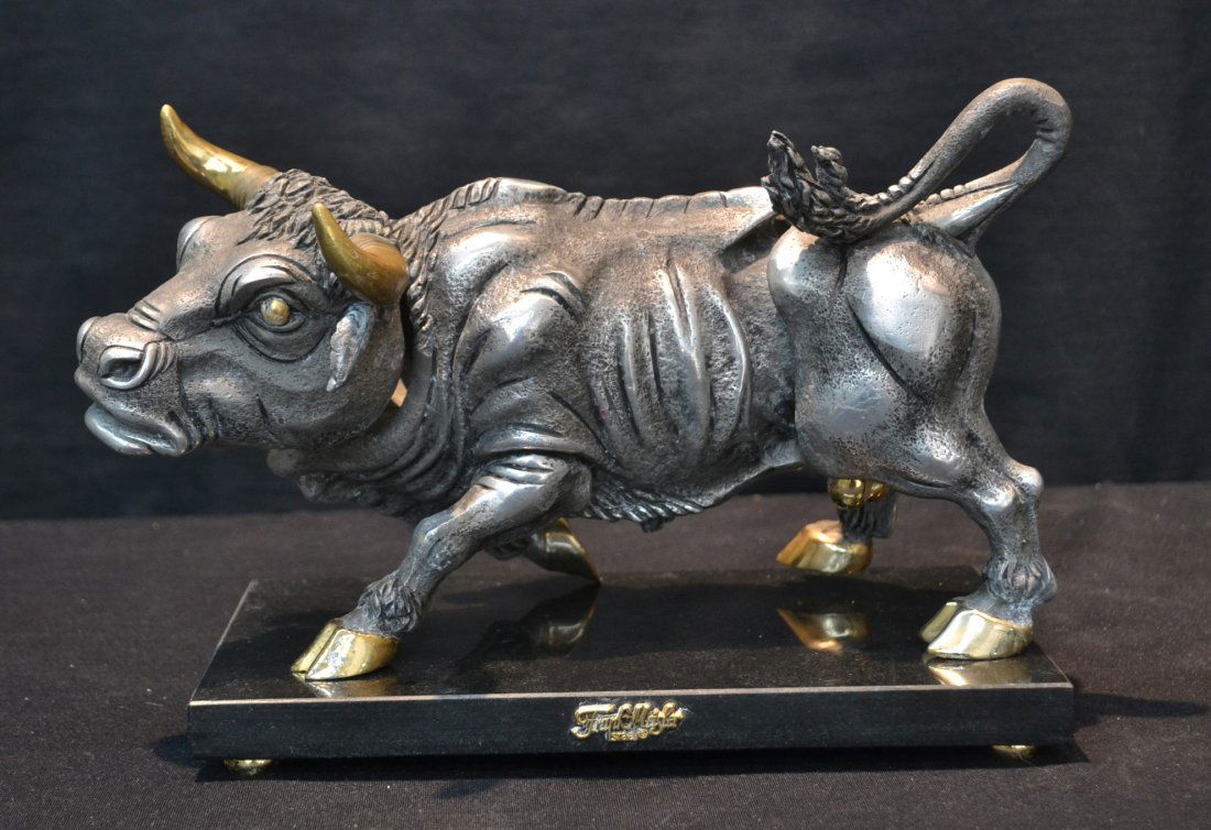 SIGNED FRANK MEISLER SCULPTURE OF BULL WITH: MOVEABLE HEAD , LEGS & GOLD PLATED TESTICLES RAISED ON MARBLE BASE - 11" x 7"