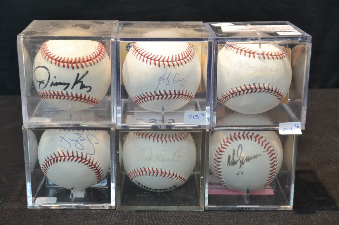 (6) SIGNED NEW YORK YANKEE BASEBALLS INC-: DOM ZIMMER, BUCK SHOWALTER, MELKY CABRERA (STEINER COA), JIMMY KEY, DARRYL STRAWBERRY & MOOSE SKOWRON (STEINER COA)
