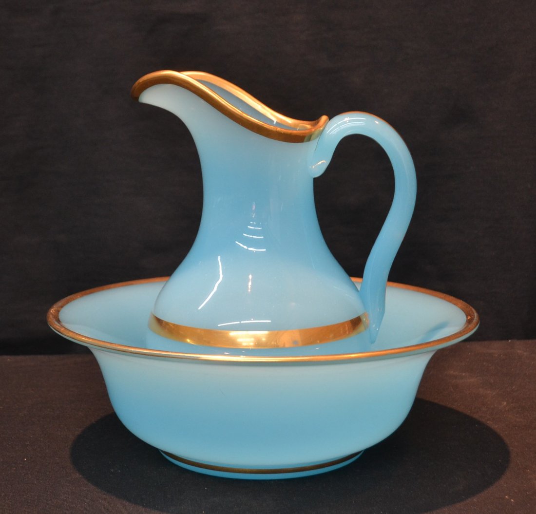 BLUE OPALINE PITCHER & BOWL WITH GILT TRIM: 12 1/2" x 13"