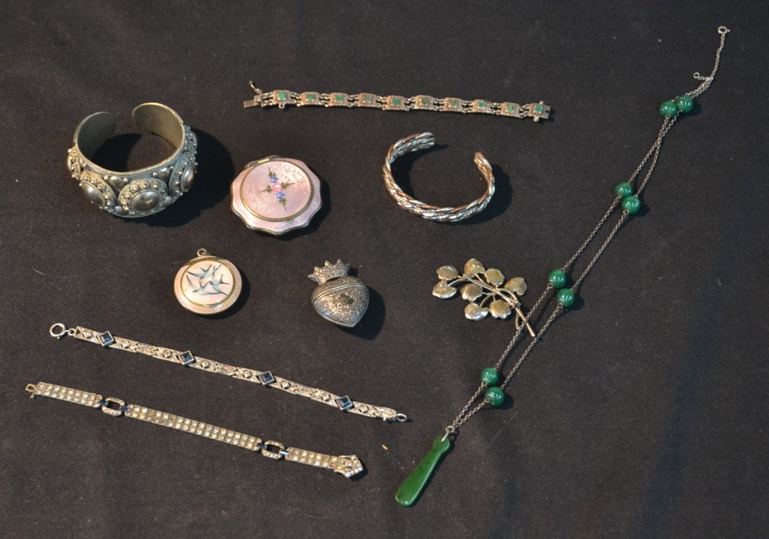 STERLING SILVER BRACELETS , JADE BEADS &: (2) ENAMEL COMPACTS