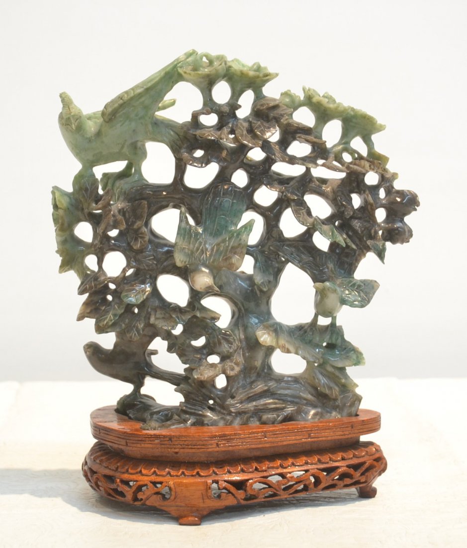 MULTI COLOR JADE ? STONE BIRD CARVING ON STAND: 8" x 9" OVERALL