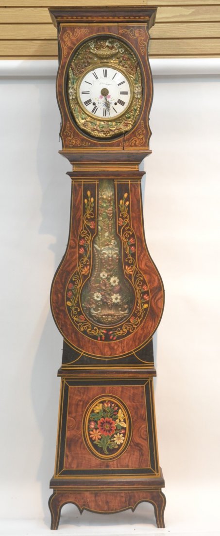 MID 19thC FRENCH HAND PAINTED TALL CASE CLOCK: WITH EMBOSSED FACE & FLORAL PAINTING PENDULUM WITH GRAPES ; ENAMEL FACE MARKED OVIET JACQUES - 21" x 8" x 7' 9" (CRACKED GLASS & SOME SPLITS IN WOOD)