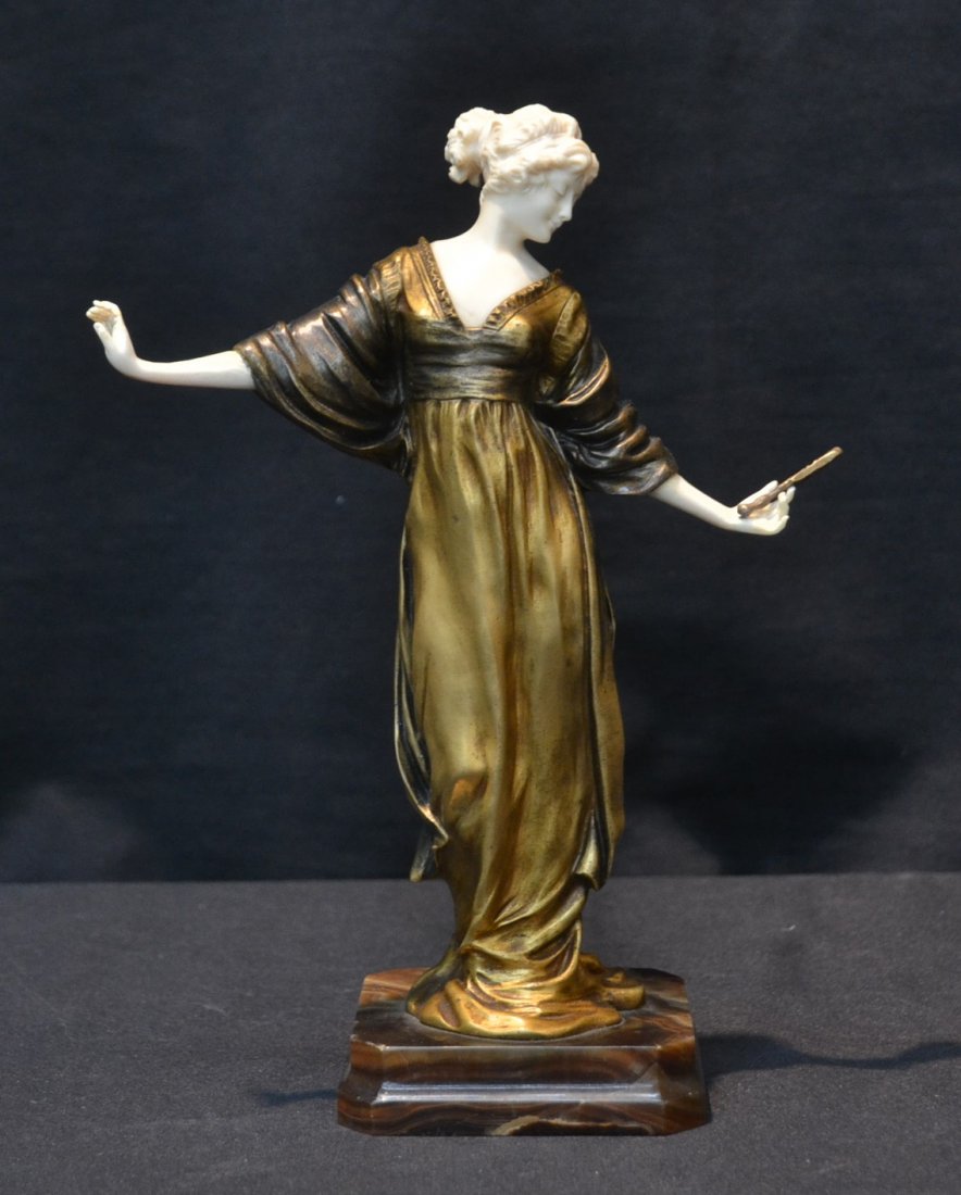ART DECO PAUL PHILIPPE BRONZE & IVORY GIRL: WITH HAND MIRROR & FLOWING MULTI COLOR BRONZE DRESS RAISED ON MARBLE BASE ; SIGNED ON MARBLE P.PHILIPPE (1870-1930) & MARKED 66 - V - 6 1/2" x 3 1/4" x 9 1/2"PLEASE NOTE THIS PIECE CANNOT BE SHIPPED I
