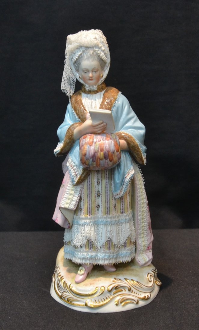 MEISSEN LADY WITH MUFF READING BOOK WEARING: LACE VEIL ; MODELED BY MICHEL VICTOR ACIER ca. 1771 ; MARKED D-66 ; 34 & PAINTED BY GOTTLEIB FISCHER - 3 1/2" x 8"