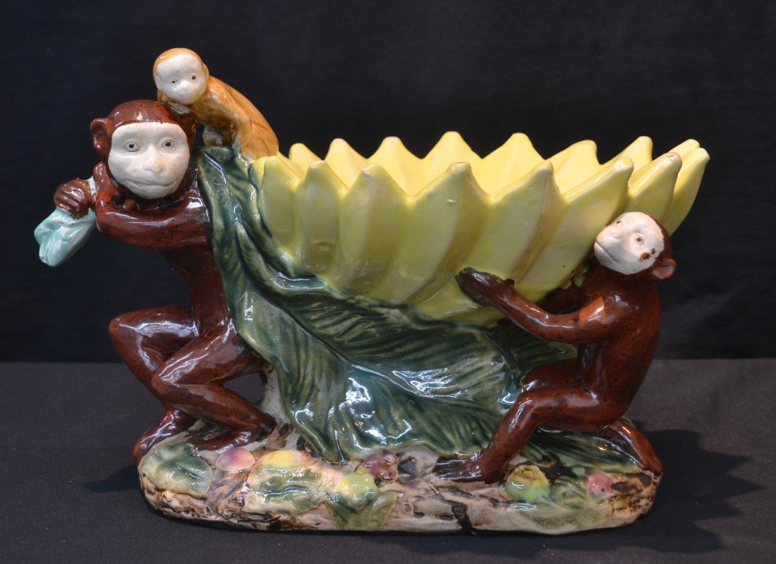 MAJOLICA STYLE MONKEY BOWL WITH BANANA: 15" x 10" x 10"