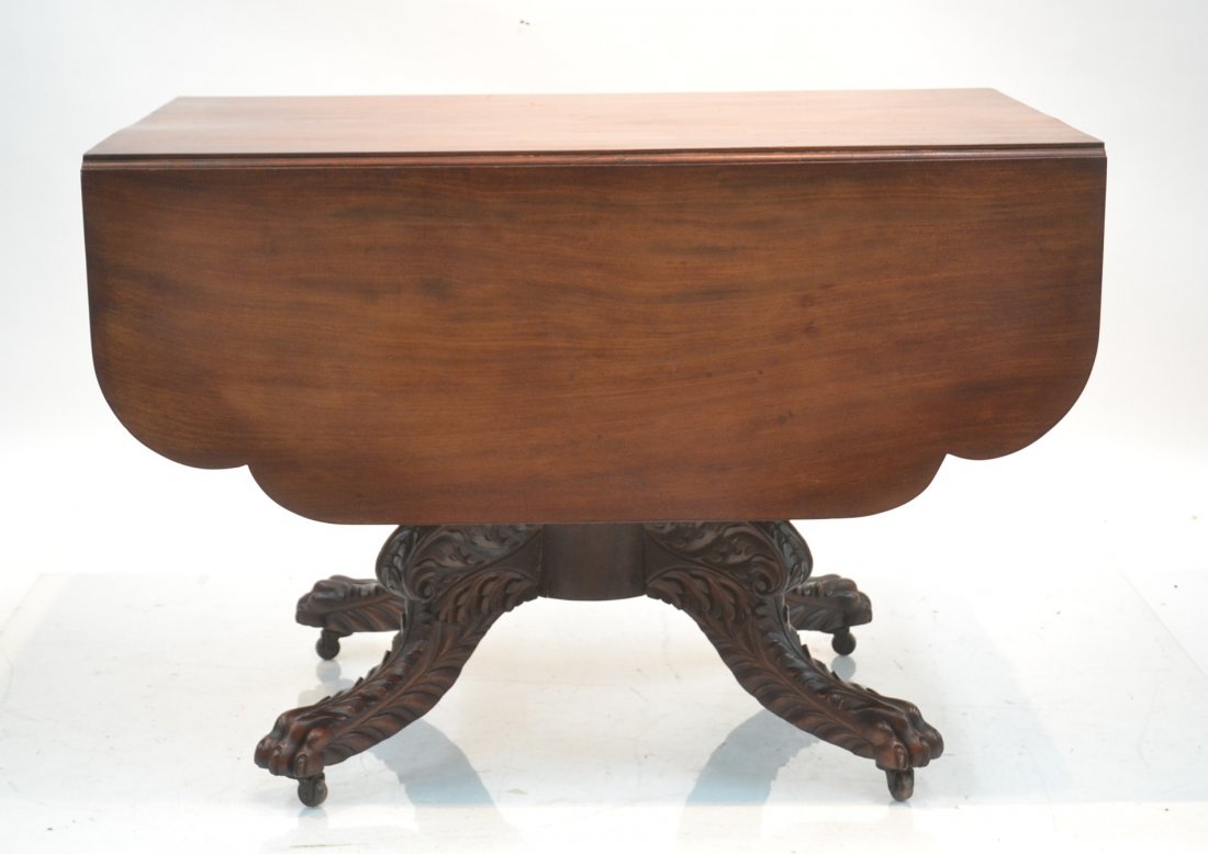 MAHOGANY DROP LEAF TABLE WITH HEAVILY CARVED: HAIRY CLAW FEET & SCALLOPED LEAVES - 25" x 41" x 33" , EACH LEAF IS 15"