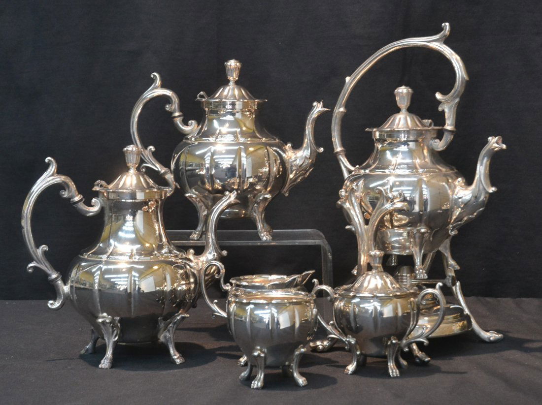 (6)pc SILVER PLATE TEA SET WITH SWING POT: (6)pc SILVER PLATE TEA SET WITH SWING POT