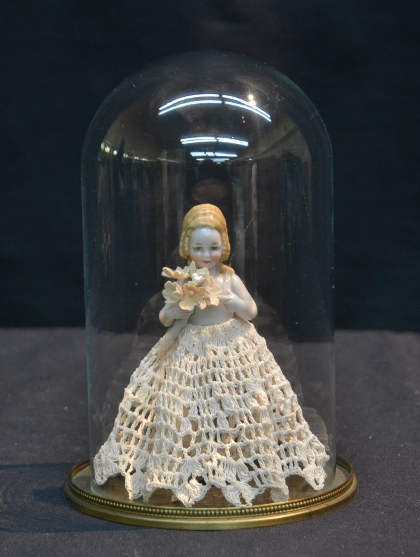 GERMAN PORCELAIN PIN CUSHION DOLL OF LITTLE GIRL: UNDER DOME - 4 1/2" TALL