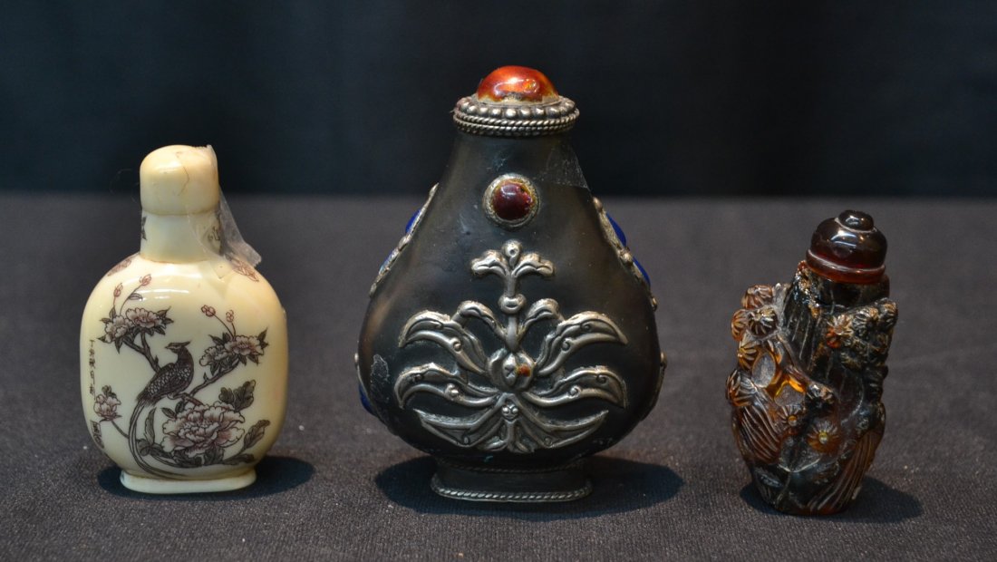 (3) SNUFF BOTTLES - HIPPO IVORY, AMBER &: 925 MONGOLIAN SILVER - LARGEST IS 3"