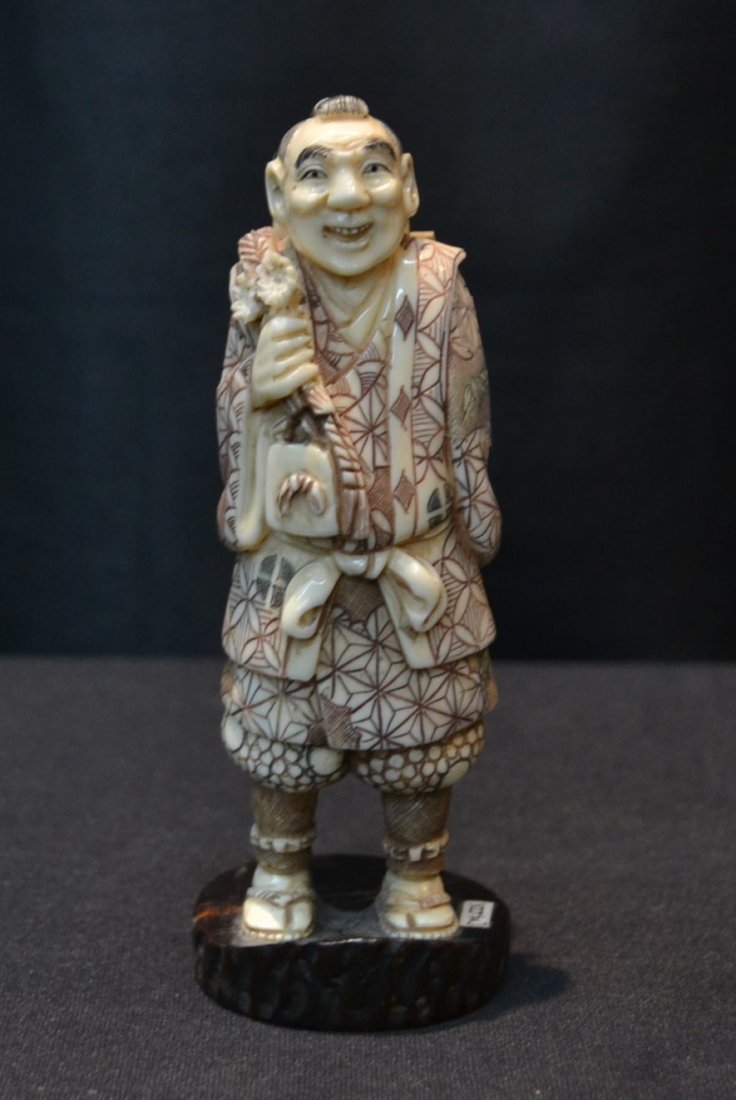 CARVED HIPPO IVORY MAN WITH LADDER &: BALE OF HAY - 5" TALL (PLEASE NOTE HIPPO IVORY HOLDS NO TRADE RESTRICTIONS AS THEY NATURALLY SHED THEIR TEETH ; EXCEPT FOR NEW JERSEY ;THERE WILL BE NO INTERNATIONAL SHIPPING)
