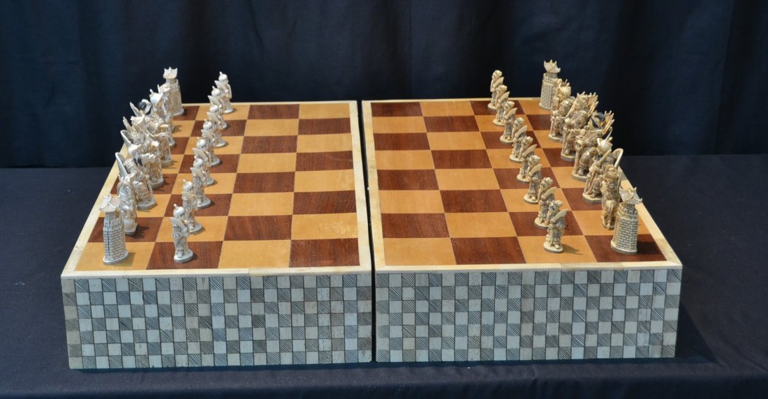 LARGE (32)pc CARVED HIPPO IVORY FIGURAL CHESS SET: SET IN BONE BOX - PIECES ARE 4" ; BOX IS 26" x 13" x 8" CLOSED (PLEASE NOTE HIPPO IVORY HOLDS NO TRADE RESTRICTIONS AS THEY NATURALLY SHED THEIR TEETH ; EXCEPT FOR NEW JERSEY ;THERE WILL BE NO INTERNA