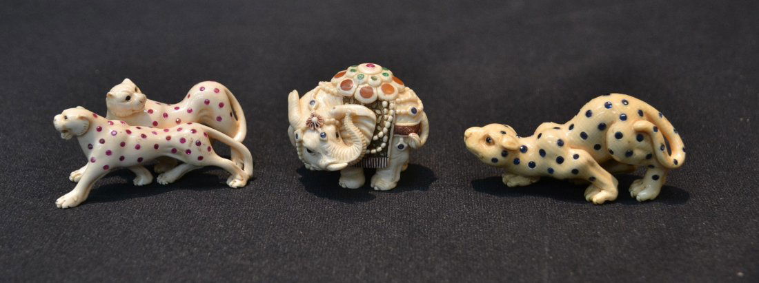 MAMMOTH IVORY ELEPHANT & LEOPARD NETSUKE: WITH INLAID SAPPHIRES , RUBIES & EMERALD - 1" TALL PLEASE NOTE THIS IS 100 % MAMMOTH IVORY OR FOSSIL IVORY AND ARE TUSKS FROM WOOLY MAMMOTH THAT ROAMED THE EARTH 10,000-40,000 YEARS AGO AND ARE EXTINC