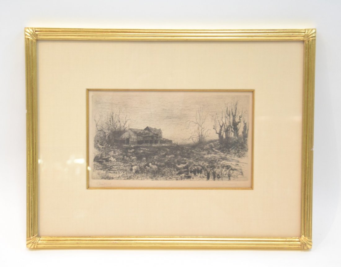 STEPHEN PARRISH ; PENCIL SIGNED ETCHING TITLED: PASTURE" FRAMED & MATTED (STEPHEN PARRISH ; 1846-1938) 11" x 7" 19" x 14 1/2