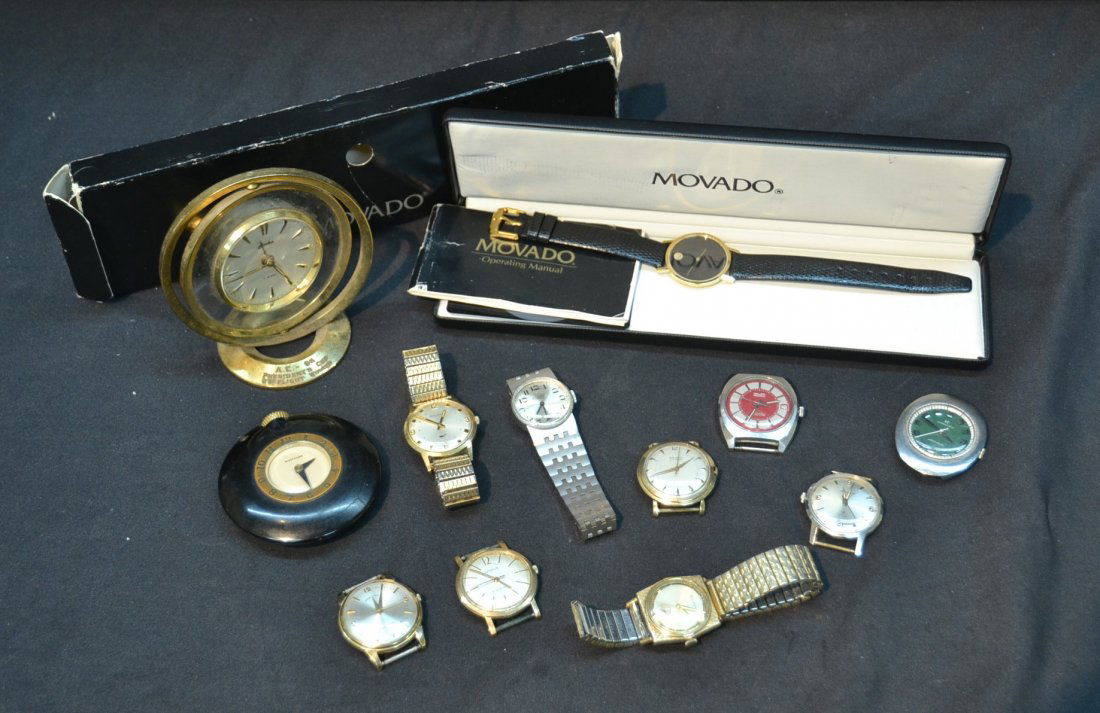 ASSORTED WATCHES INCLUDING MOVADO , BENRUSS: & LINDEN CLOCK