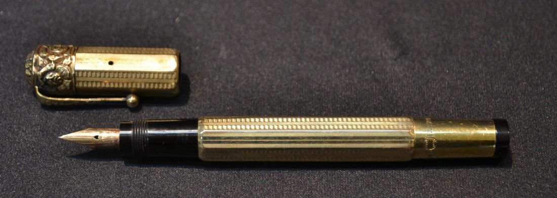 FILLED 18kt ROLLED GOLD WATERMAN IDEAL: RETRACTABLE FOUNTAIN PEN WITH ENGRAVED FLOWERS - 5" LONG
