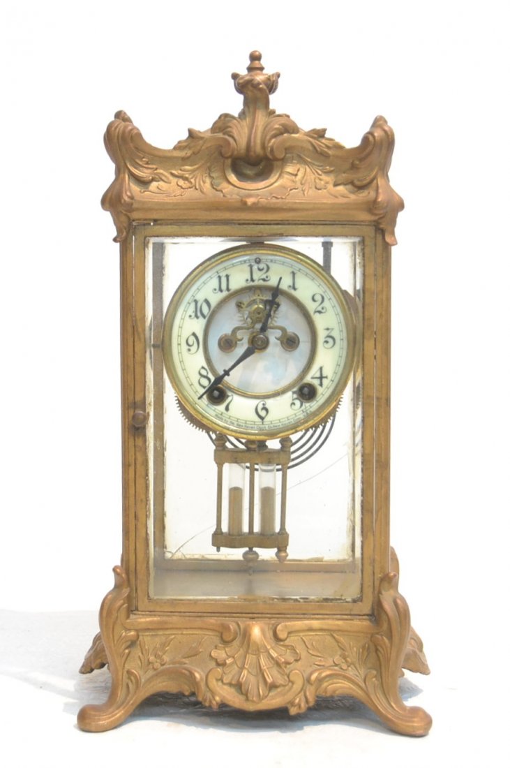 NEW HAVEN CLOCK Co. BRONZE & CRYSTAL REGULATOR: 8" x 7" x 15 1/2" (BACK GLASS CRACKED & SIDE MISSING)