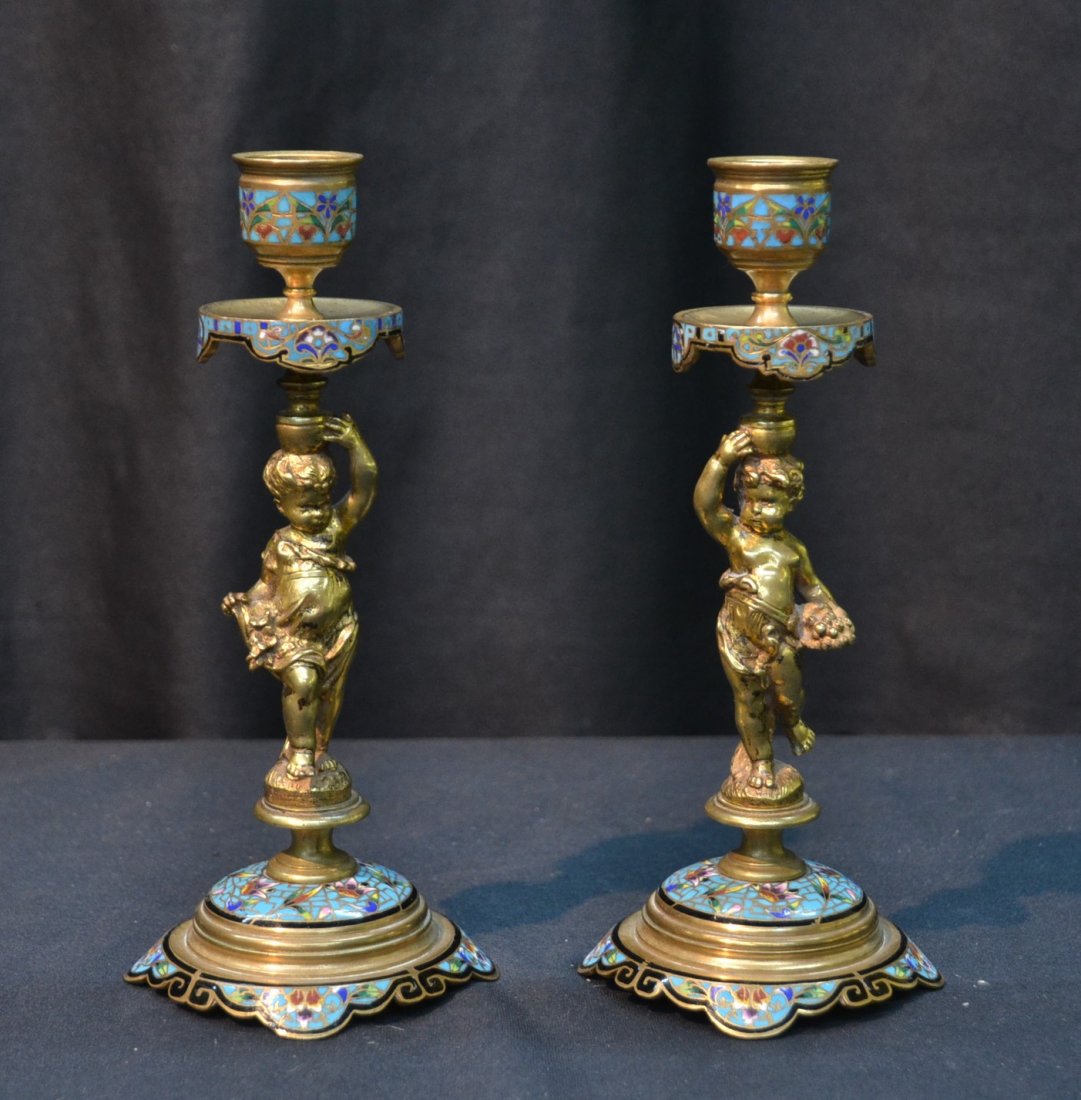 (Pr) BRONZE & CHAMPLEVE FIGURAL CANDLESTICKS: 4" x 8"