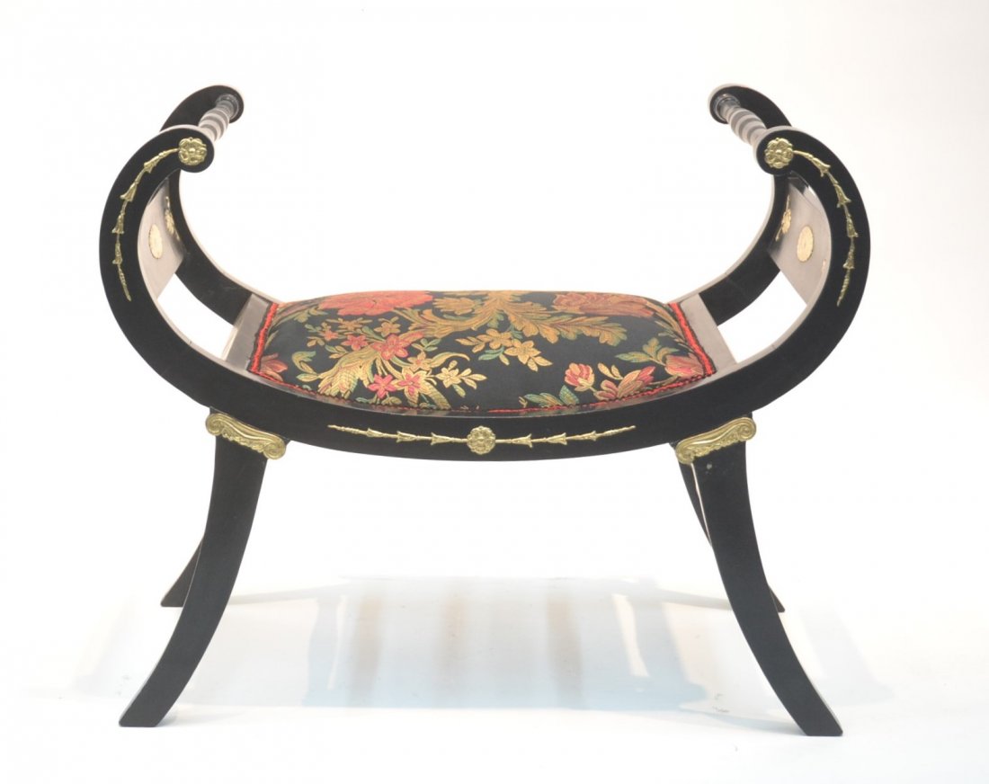 BLACK ROLLED ARM BENCH WITH GOLD DECORATIONS: 17" x 29 1/2" x 24 1/2"