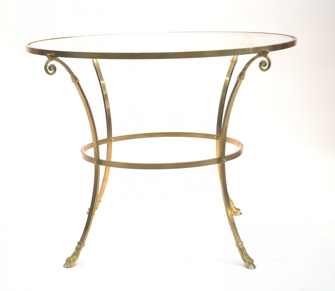 BRONZE GLASS TOP TABLE WITH HOOF FEET: 37 1/2" x 29 1/2"
