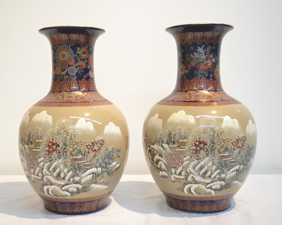 (Pr) SIGNED ORIENTAL VASES WITH SNOW SCENE: LANDSCAPES - 10" x 16"