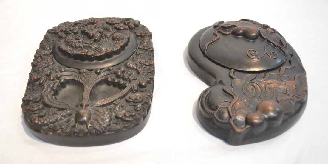 (2) TERRACOTTA INKSTONE TRAYS WITH FRUIT , DRAGONS: & BUTTERFLIES ; ONE SIGNED - 9" x 6" x 1 1/2"