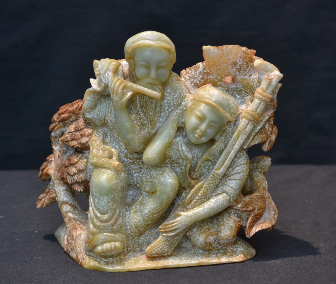 CARVED SOAPSTONE MUSICAL FIGURAL GROUPING: 8" x 4 1/2" x 7 1/2'