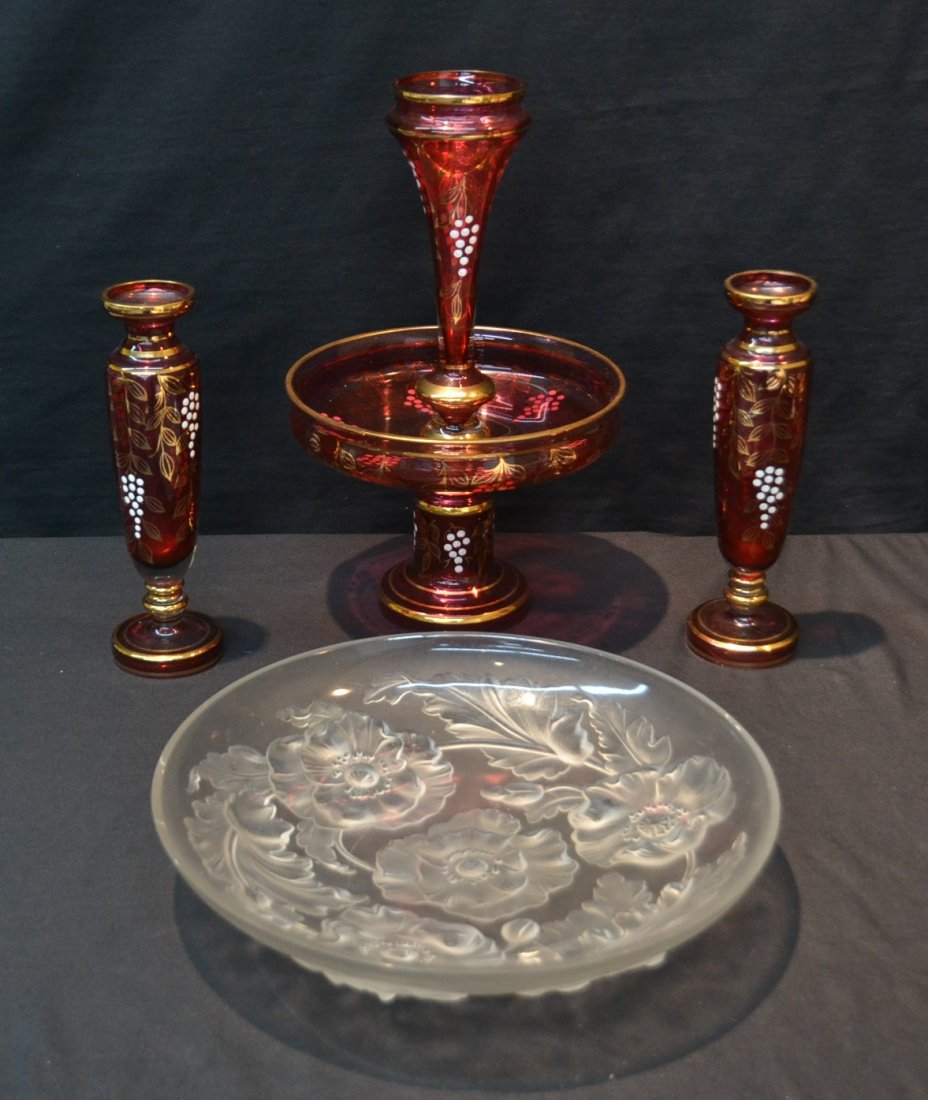 VERLYS FROSTED GLASS PLATTER & (3)pc CRANBERRY: CONSOLE SET CONSISTING OF EPERGNE & (Pr) VASES - EPERGNE IS 9 1/2' x 15 1/2" , PLATTER IS 13 1/2"