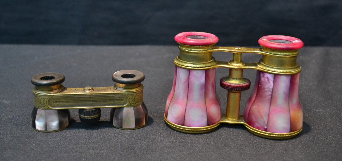 LEMAIRE - PARIS IRIDESCENT MOTHER OF PEARL OPERA: GLASSES & EMIL BUSCHA RATHENOW OPERA GLASSES - 4" x 3" & 3 1/2" x 1"