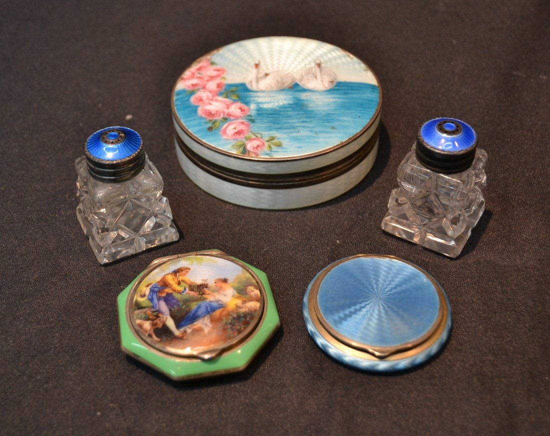 ASSORTED ENAMEL LOT CONSISTING OF 935 SILVER &: ENAMEL SNUFF BOX WITH SWANS (SOME LOSS) , (2) SMALL ENAMEL BOXES & (2) CRYSTAL & ENAMEL SALT & PEPPER