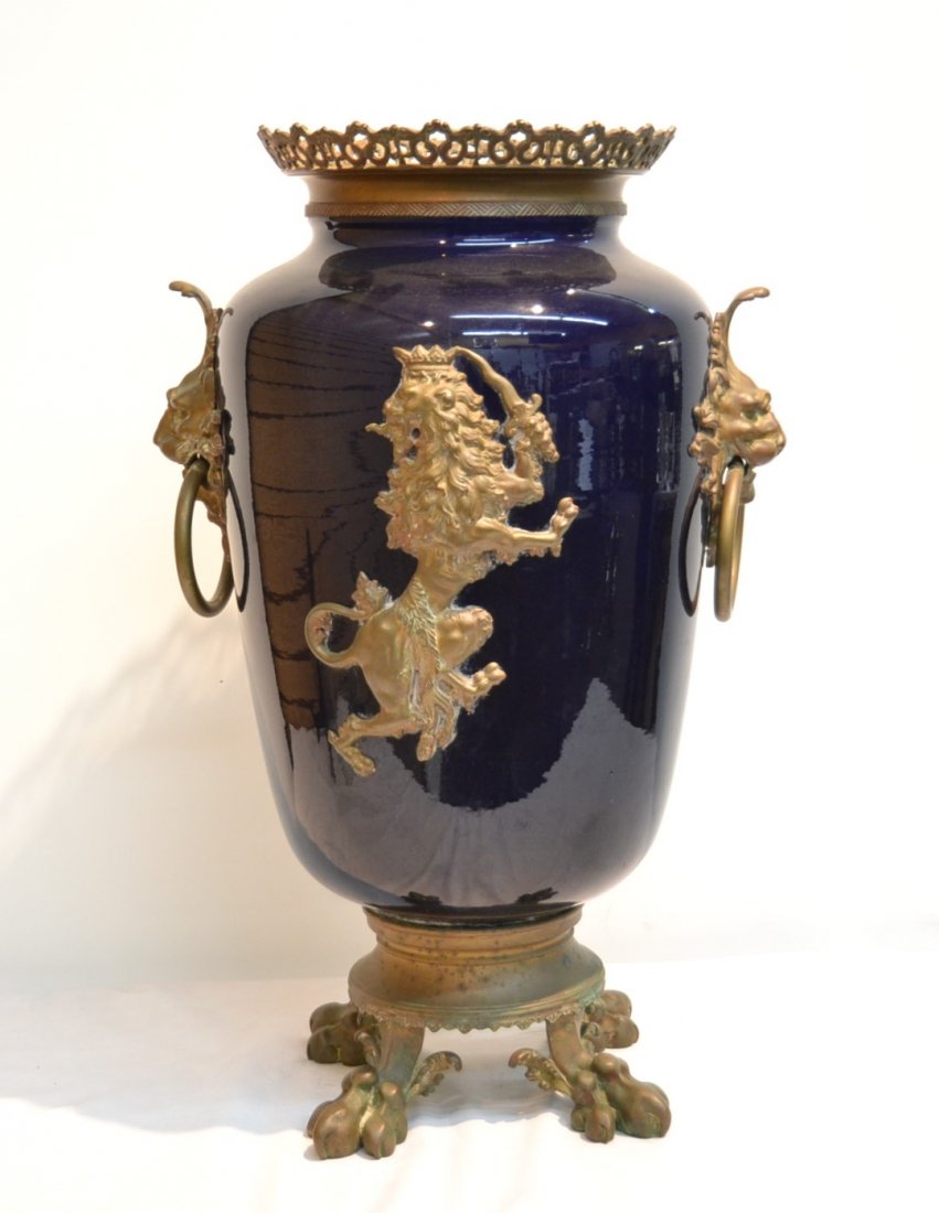 LARGE COBALT PORCELAIN & BRONZE UMBRELLA STAND -: VASE WITH RETICULATED BRONZE GALLERY , BRONZE FULL BODIED LION , ANIMAL HEAD DROP RING HANDLES &CLAW FEET - 17" x 27"