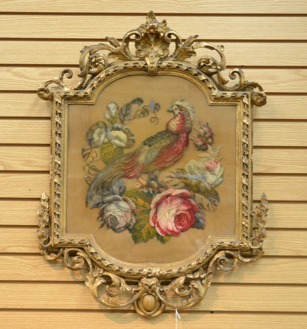 VICTORIAN CREWEL WORK & NEEDLEPOINT RAISED: WOOL BIRD & ROSES WITH BEADS SET IN CARVED GILT FRAME - 24" x 32"