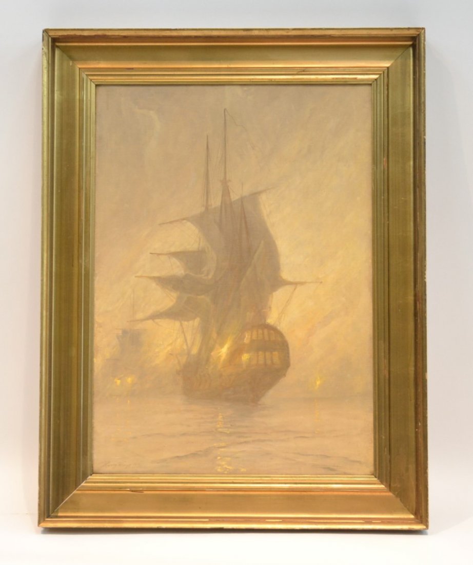 OIL ON CANVAS SHIP IN FOGGY WATERS SIGNED: HARRY KLUGE 1919 (DUTCH ARTIST) 22" x 30 1/2' , 29" x 39"