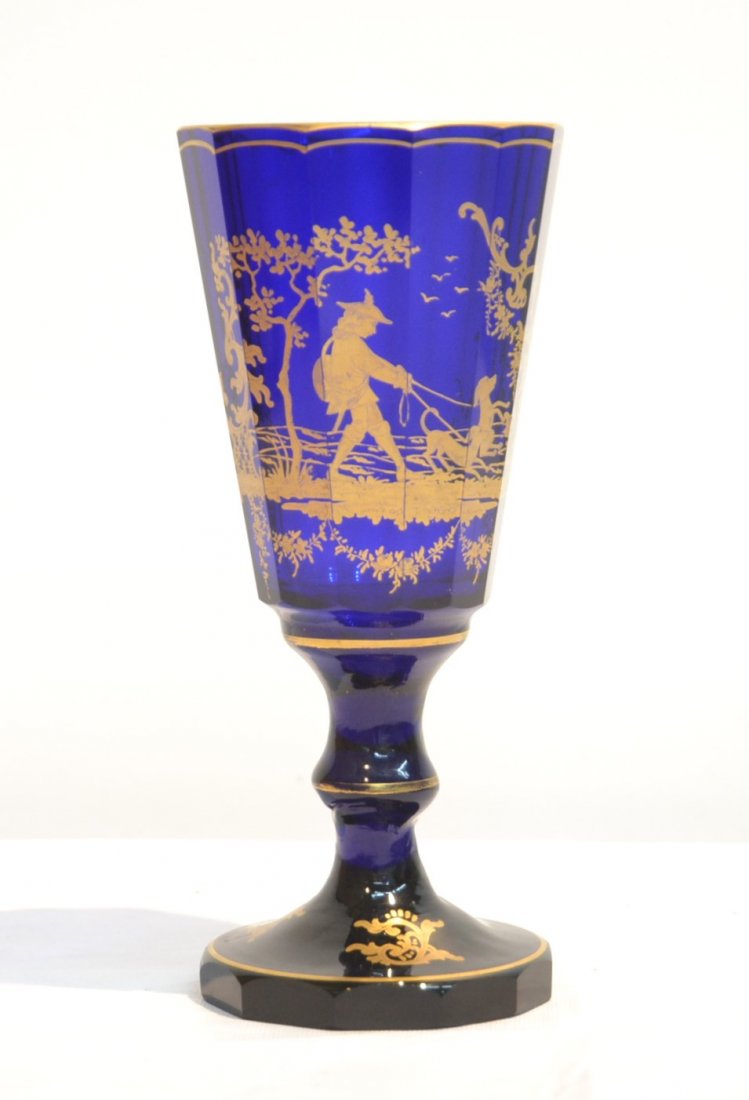 COBALT CHALICE WITH GOLD DECORATIONS DEPICTING: MAN WITH DOGS - 3 1/2" x 8"