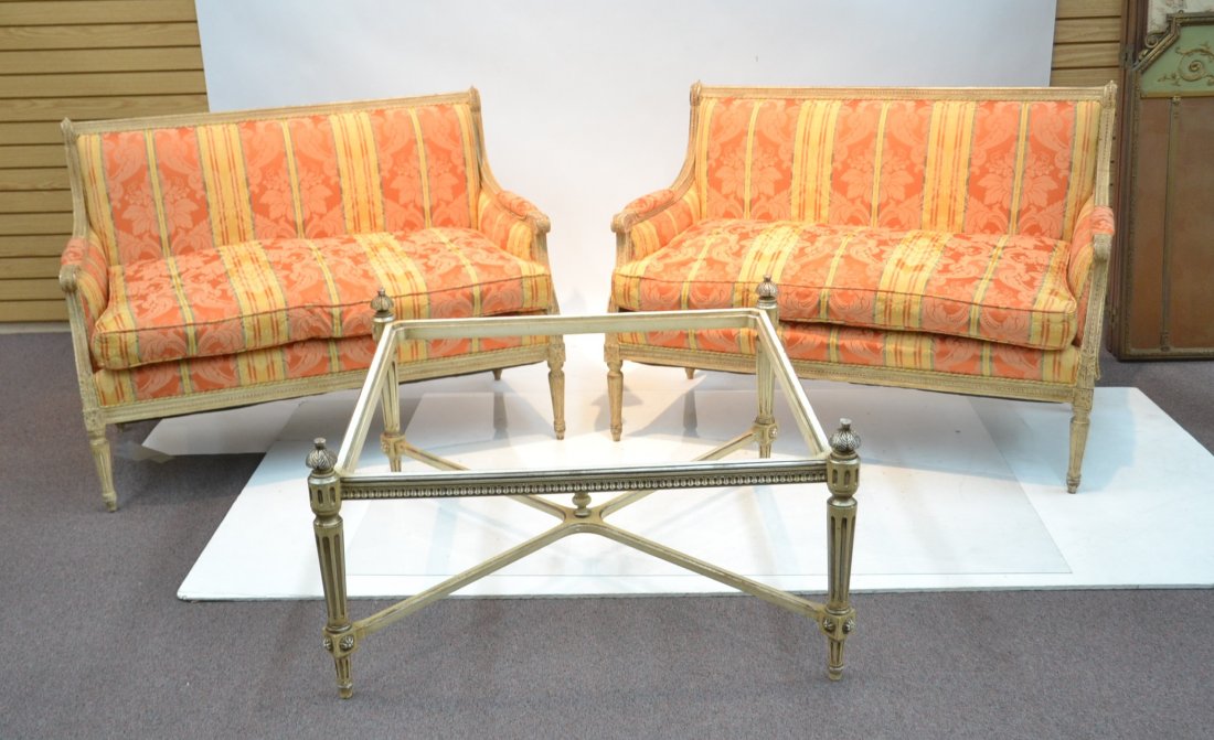 (Pr) LXVI STYLE UPHOLSTERED SETTEE 'S WITH: MATCHING GLASS TOP TABLE - SETTEE IS 48" x 27" x 34" , TABLE IS 38" x 21"