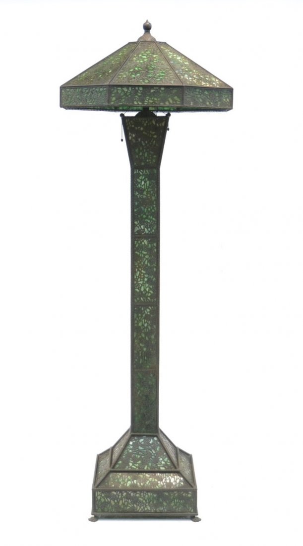 RIVIERE STUDIOS BRONZE FILGREE & SLAG GLASS: FLOOR LAMP WITH CLAW FEET - 25" x 73"( has 2 cracks spots on base)