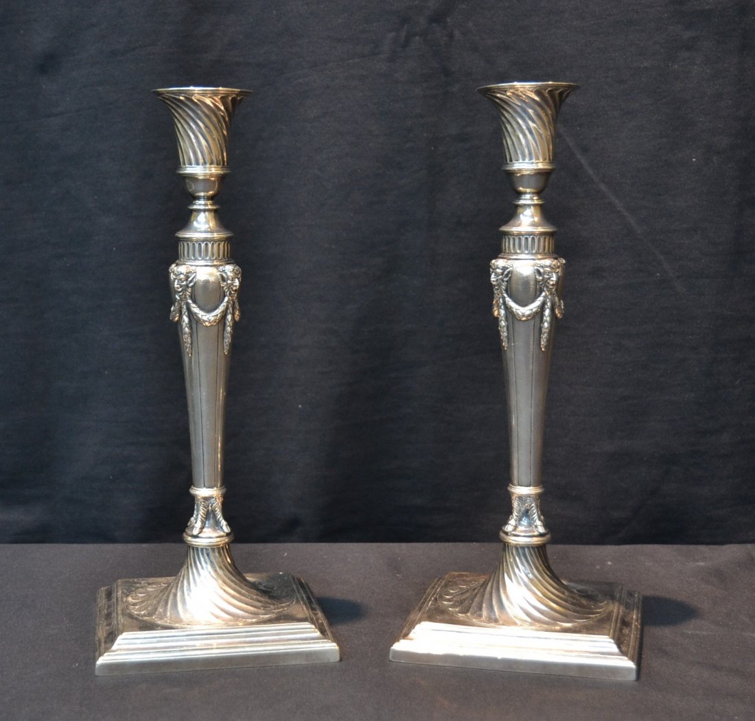 (Pr) GEORGE III STERLING SILVER CANDLESTICKS WITH: GARLANDS , HOOF FEET & MASKS - 5" x 5" x 12"