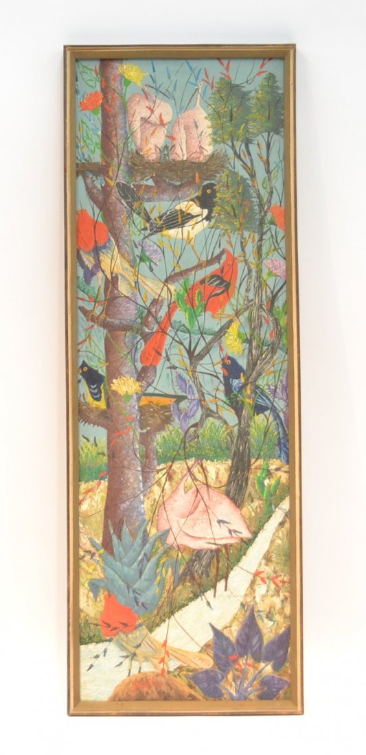 OIL ON MASONITE OF BIRDS PERCHED IN TREES: SIGNED G.ABELARD (HAITIAN ARTIST , b 1922 ) 17" x 49 1/2'