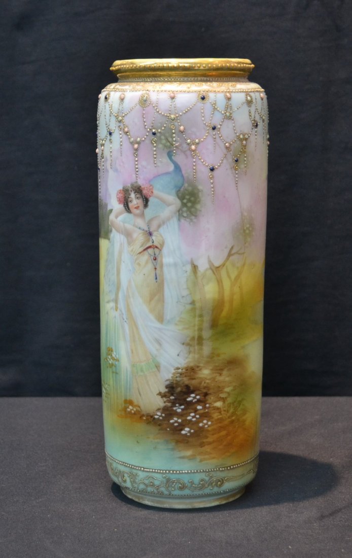 HAND PAINTED NIPPON PORCELAIN PORTRAIT VASE WITH: FULL BODIED PORTRAIT & JEWELS - 5" x 11 1/2' (BOTTOM FILLED & 3" hairline on side )