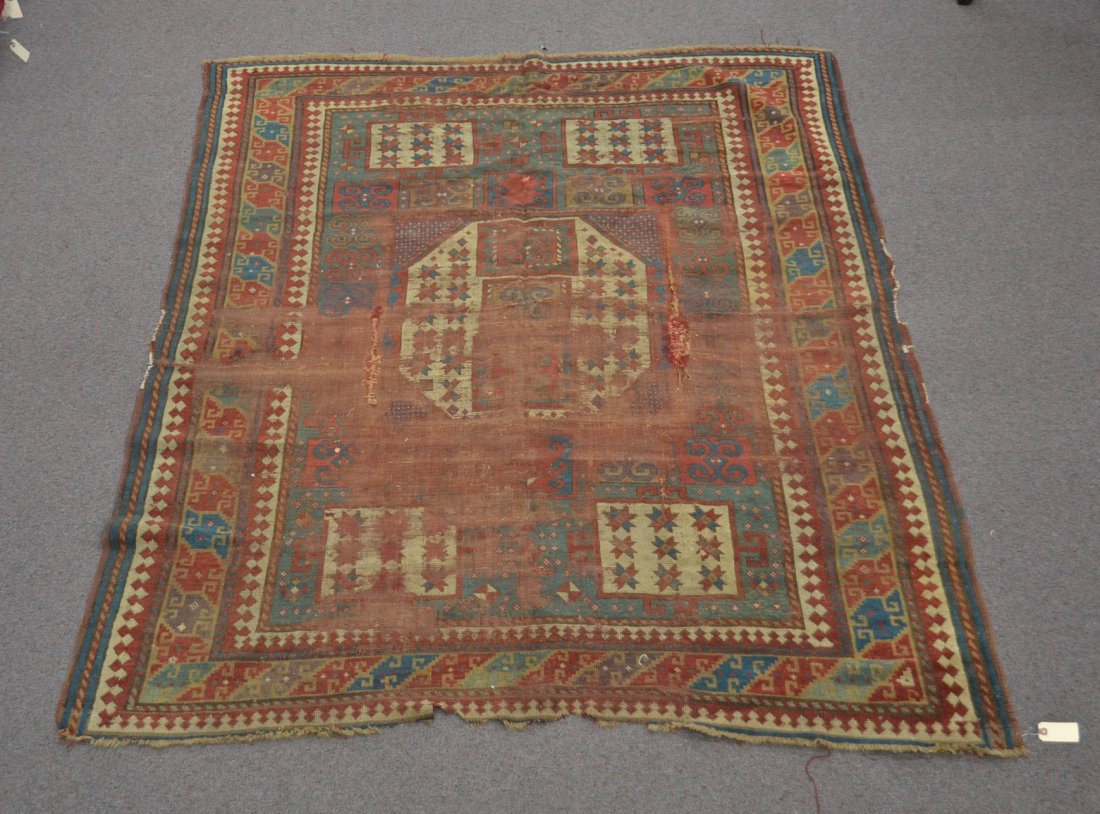 ANTIQUE KAZAK RUG - 5' 10" x 7' 10" (VERY WORN): ANTIQUE KAZAK RUG - 5' 10" x 7' 10" (VERY WORN)