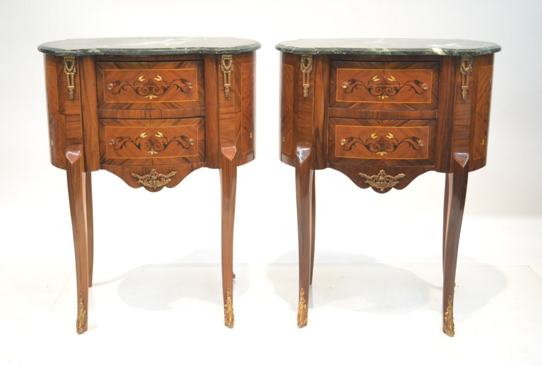 (Pr) FLORAL MARBLE TOP COMMODES WITH BRONZE: MOUNTS - 25" x 18" x 31 1/2"