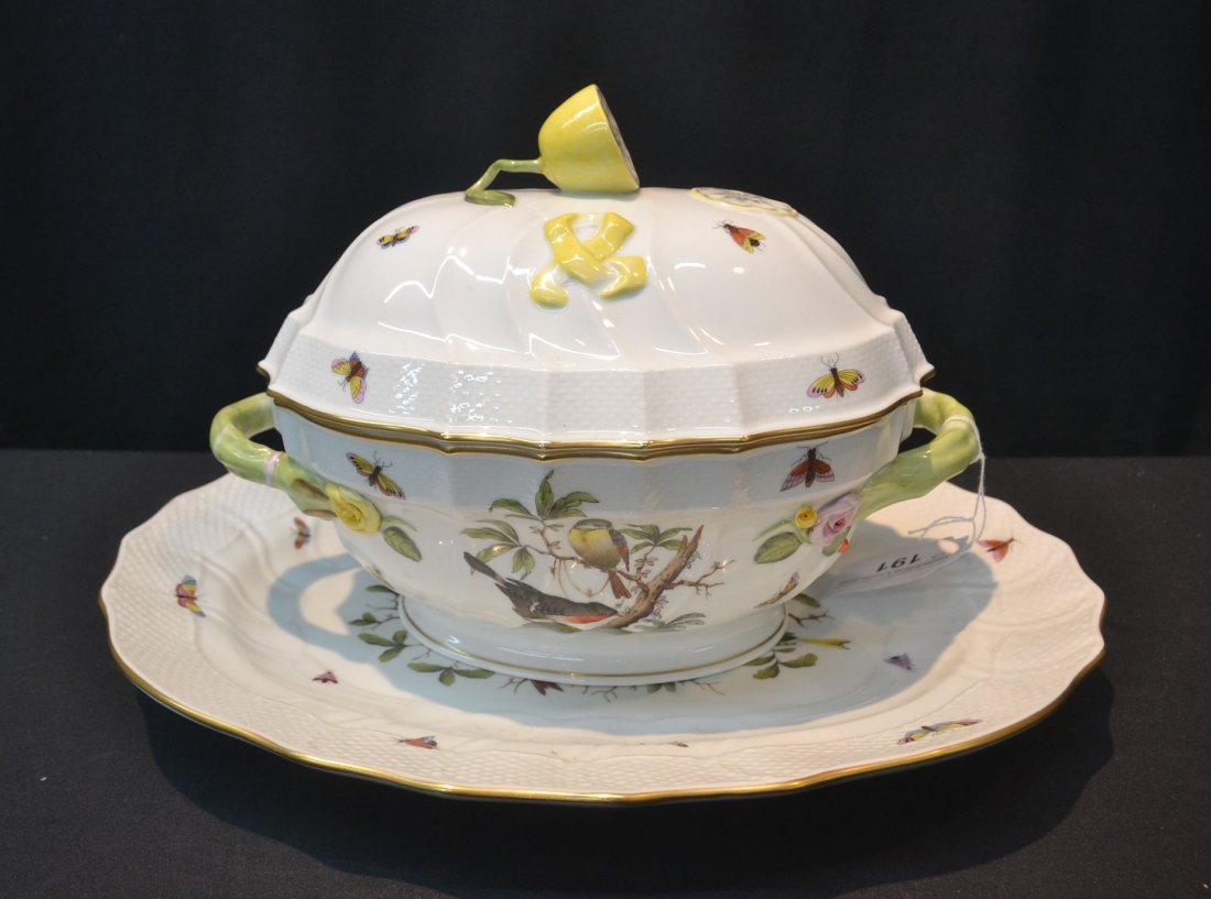 HEREND PORCELAIN TUREEN WITH UNDER PLATE: & LEMON FINIAL WITH BIRD DECORATIONS - TUREEN IS 14" x 9" , PLATE IS 17" x 12"