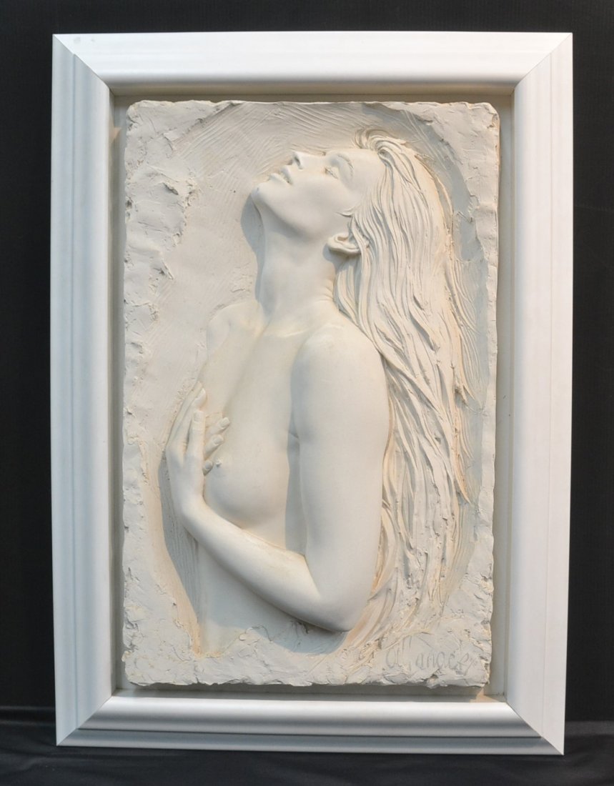 BILL MACK ,BONDED SAND RELEIF SCULPTURE OF: NUDE WOMAN ; SIGNED LOWER RIGHT BILL MACK ; 15/110 - SCULPTURE IS 20" x 32", 29" x 41" FRAMED